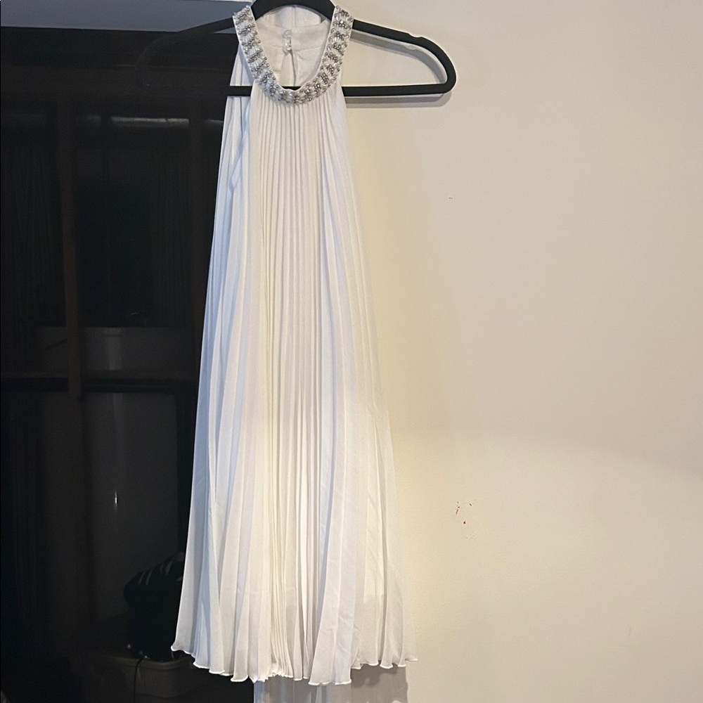 Impressions White Pleated Dress with Metallic and beaded Trim